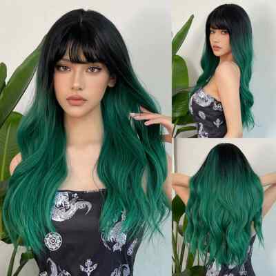 Black with Green Wavy Party Synthetic Wigs with Bangs Cosplay