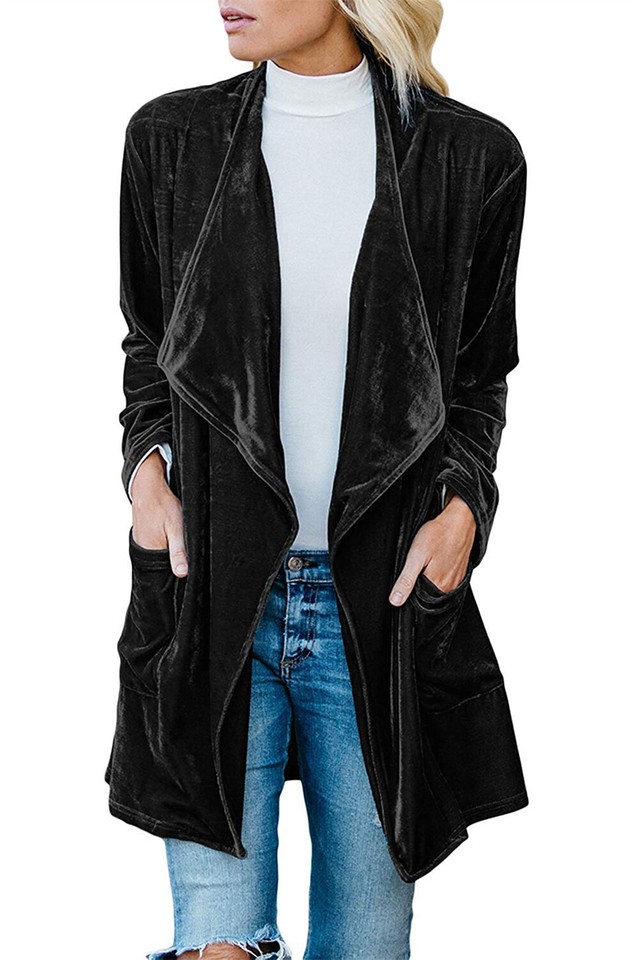Velvet Open Front Long Cardigan with Pockets main image 0