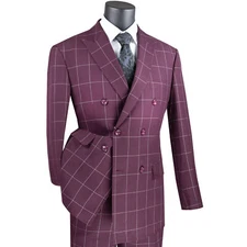 VINCI Men's Burgundy Windowpane Double Breasted 6-Button Modern Suit - NEW