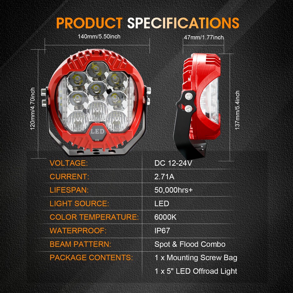 2Pcs 5inch Car LED Work Light Pods Spot Flood Combo Offroad SUV Driving ...
