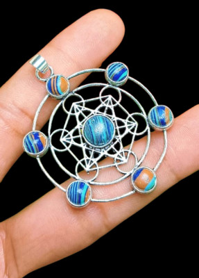 Round Cut Rainbow Calsilica Gemstone 7 Chakra Pendant 925 Silver Plated Jewelry