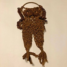 Vintage 1970's era Macram  Owl Wall Hanger Wooden eyes Dark Brown in color EUC