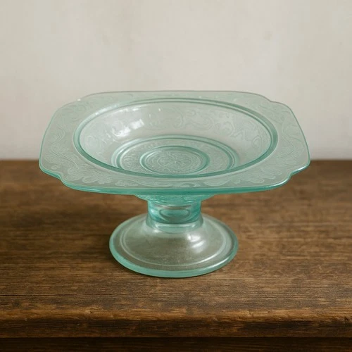 Vintage Aqua Depression Glass Footed Compote • Etched Embossed Pressed Glass