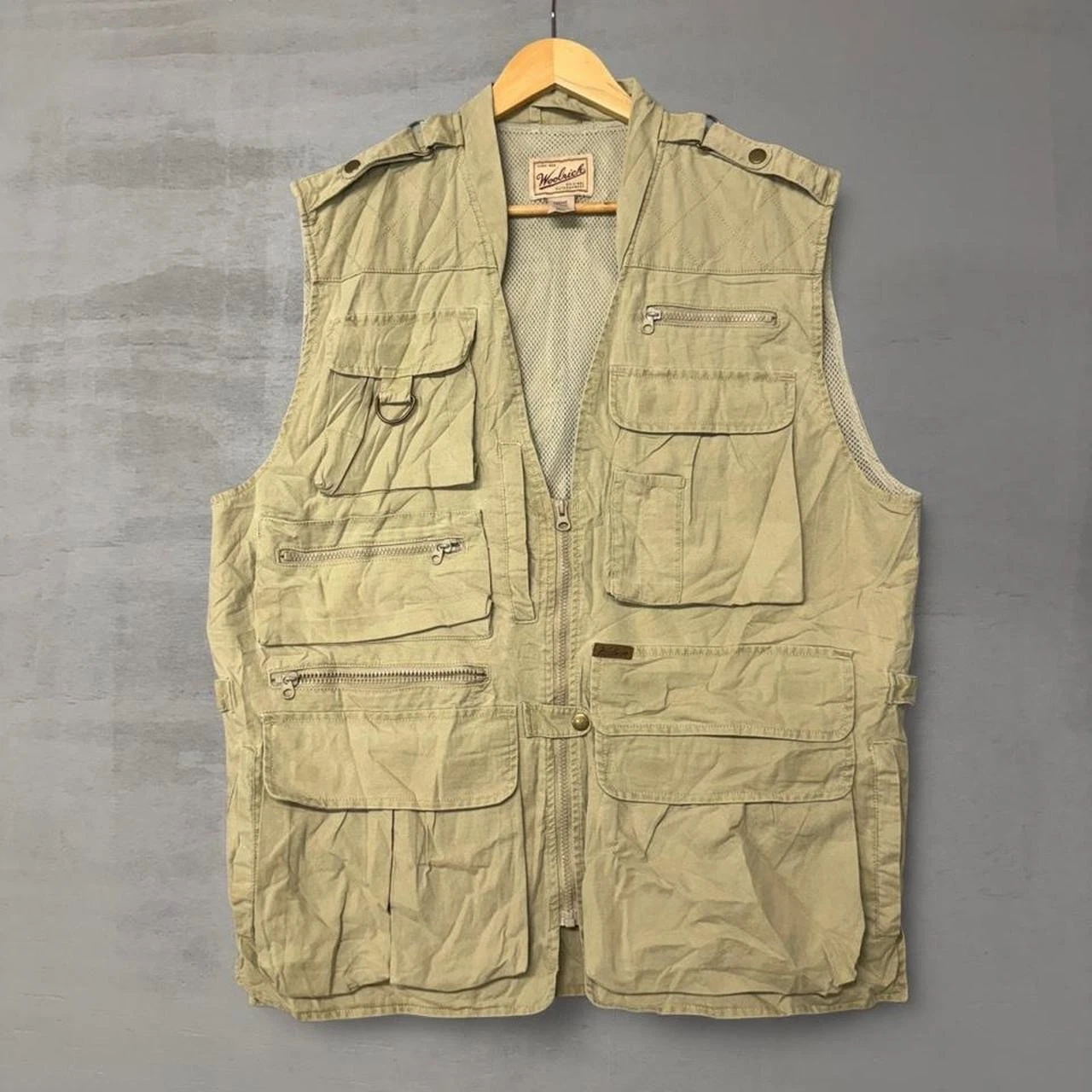 Woolrich Safari Vest Khaki Tan Multi-Pocket Utility Fishing Outdoor Men Large
