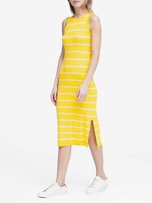 Banana Republic Midi Dress Large Yellow Stripe Sleeveless Rib Knit Stretch