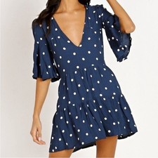 Faithful the Brand Fresa Blue Ronja Dot Sleeve Babydoll Mini Dress Sz 8 Large
