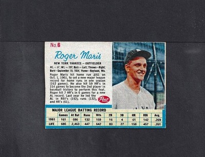 1962 POST #6 ROGER MARIS-1--BV $30--YANKEES--NO CREASES--EX