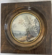 19th Century Mini Watercolor Painting Vintage Landscape River Tree’s Man