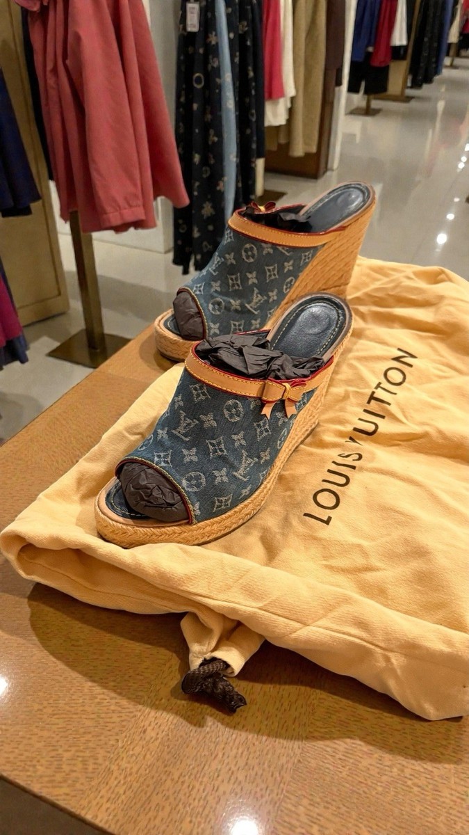Louis Vuitton 2005 Monogram Denim Wedge Mules Slides Blue Jean LV