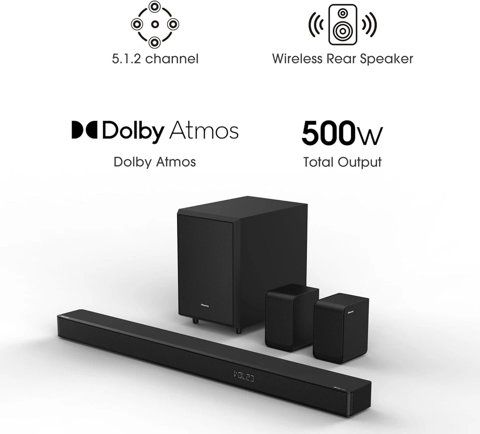 Hisense AX5125H 5.1.2 Soundbar mit Subwoofer, Dolby Atmos, 500 Watt, Schwarz NEU - Bild 3 von 4
