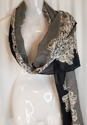 Loft Women's Scarf Wrap Black Floral Fringe Edge Classic BOHO CHIC Versatile