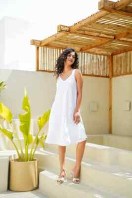 V Neck Linen Dress, Sleeveless Midi Length Linen Dress, Loose Fit Linen Dress,