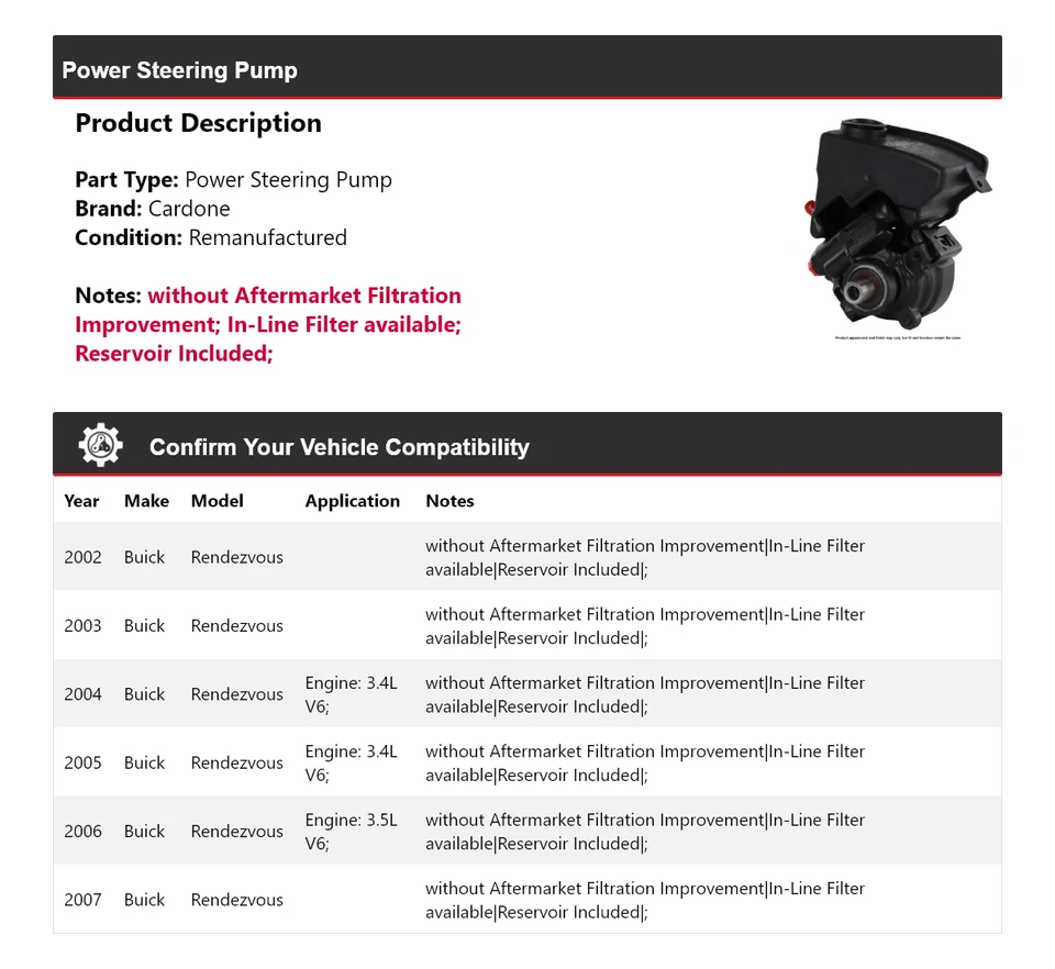 Bomba de dirección asistida Cardone 2003 2004 2005 2006 para Buick Rendezvous 2002-2007 Foto 2 de 4