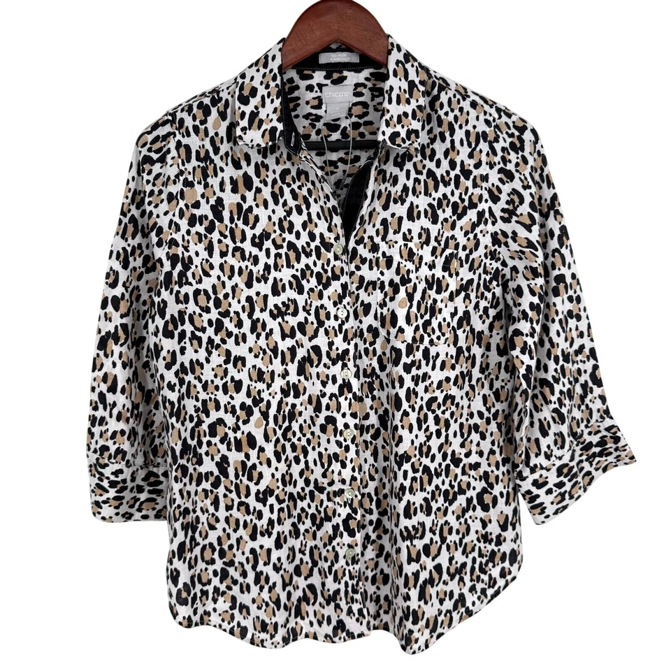 Chicos FRESCO CHIC 100% LINO Talla PEQUEÑA EE. UU. 4/6 0 Leopardo Blusa Camisa Top Verano