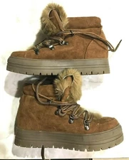 Coolway Oslo Brown Tan Faux Fur Ankle Boots US WOMEN SZ 7 Lace Up
