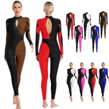 Womens Contrast Color Jumpsuit Long Sleeve Mock Neck Skating Dance Unitards