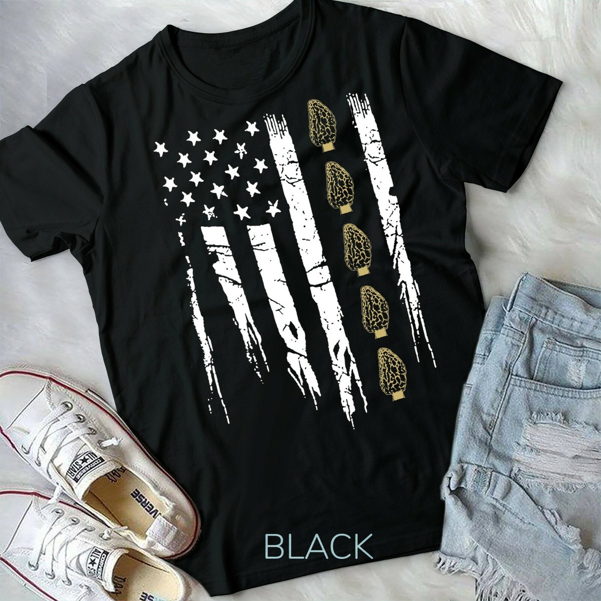 American Mushroom Hunter T Shirt With Morels In Usa Flag American Mushroom Hunter T Shirt With Morels In Usa Flag