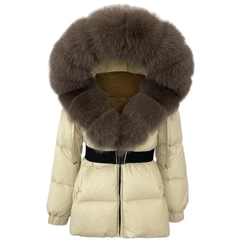 Winterjacke Damen echt Fuchspelz Kapuze dick warm weiß Entendaunenmantel - Bild 5 von 35