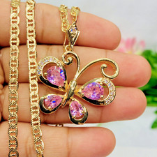 14k Gold Plated Pink Butterfly Necklace Pendant  Chain 20 in long 245
