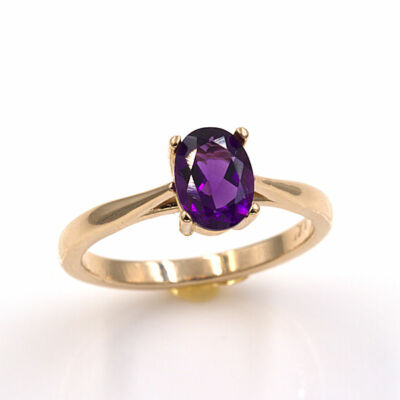 Natürlicher afrikanischer Amethyst 14 Kt Gelbgold 7 x 5 mm ovaler Ring (Größe 4-9)