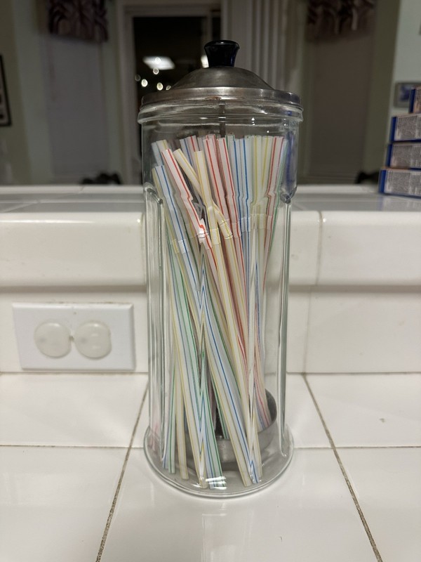 Old-Fashioned Straw Holder / Dispenser, Thick Glass Jar w/ Metal Lid & Mechanism