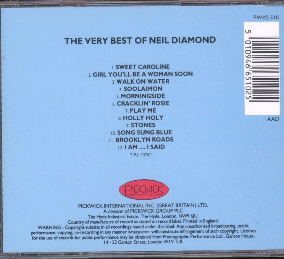 Neil Diamond Very Best Of Neil Diamond CD UK Pickwick Compact Discs 1988 CD - Bild 2 von 3