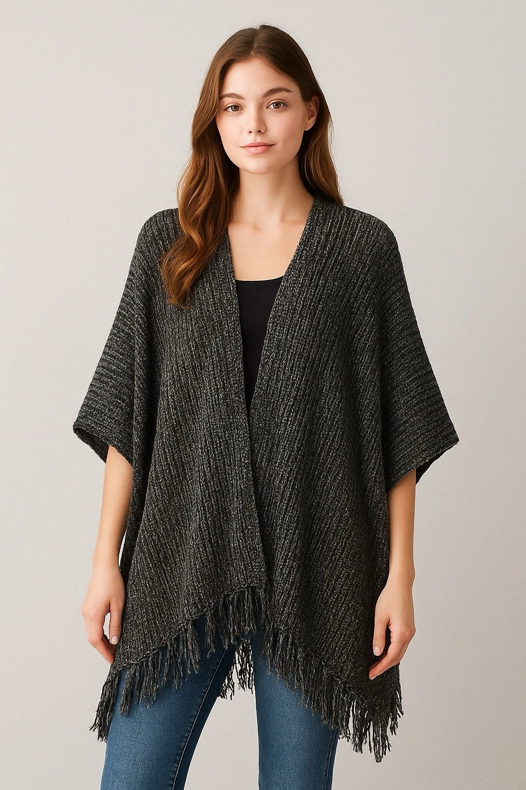 American Eagle Knit Fringe Cardigan Wrap Poncho Sweater – One Size