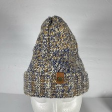 Frye and Co. Marled Knit Beanie Hat Blue Brown Tan Faux Leather Logo Tab One Six