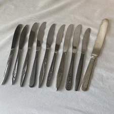 Mixed Lot 10 VTG Stainless Dinner Knives Floral MCM Mismatched Japan READ