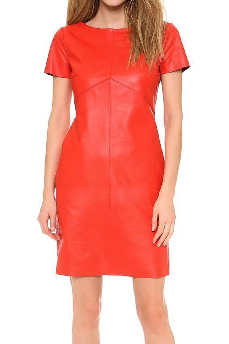 red leatherette dress LIKE LIQUID FAUX LEATHER MIDI a back zip Crimson Red Long Sleeves Sheath