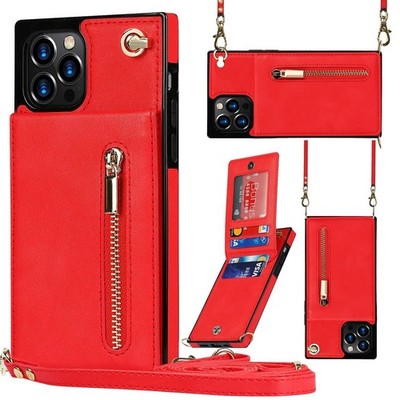 For iPhone 17 16 Pro Max 15 13 12 11 Zipper Wallet Leather Crossbody Strap Case