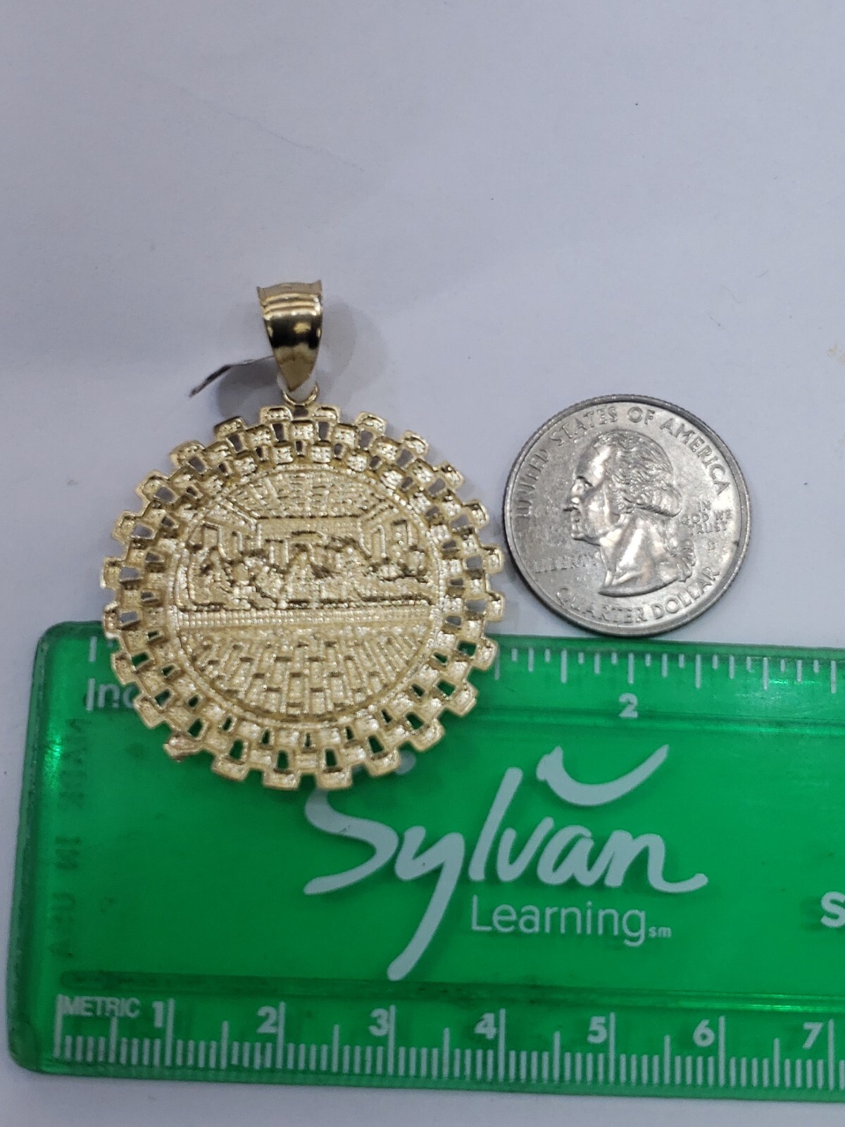 Big 10k real yellow gold last supper pendant charm 2 inches round cuban