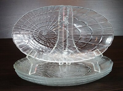 Four Lovely Pasabahce Clear Glass Oval Shell Pattern Platters Salad Plates