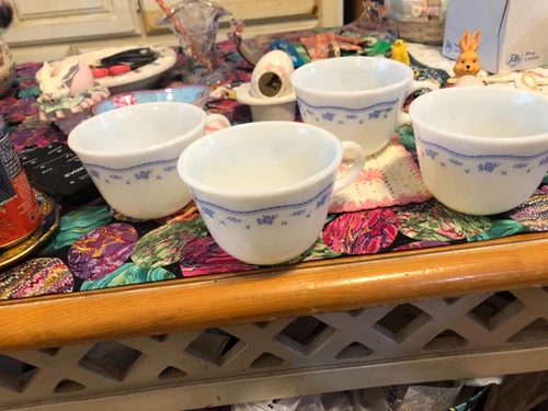 4 Vintage Pyrex Morning Blue Coffee Cup Milk Glass Blue Flower Set Of 4