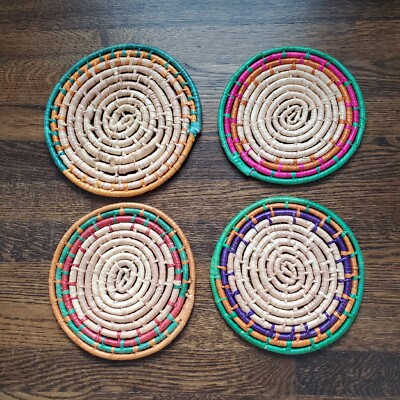 VTG 4 Raffia Rattan Colorful Coiled Trivets Hot Pads Wall Decor Woven ...