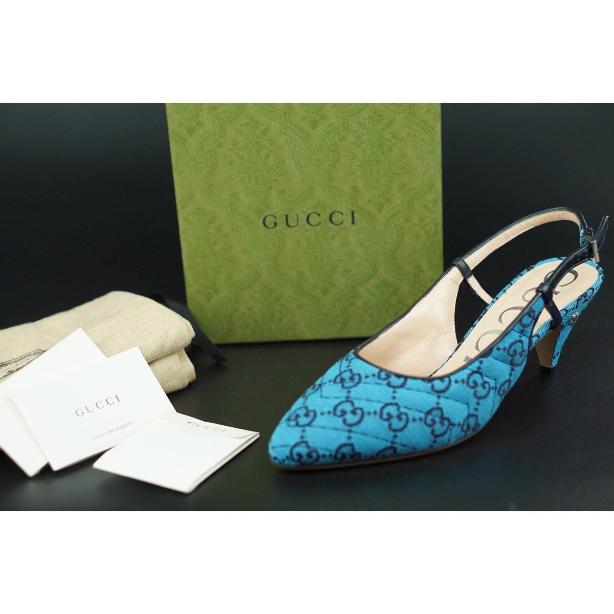 Gucci Charlotte Blue Canvas GG Strap Pointed Toe Slingback Pumps