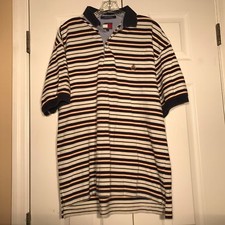 VTG Tommy Hilfiger Mens XL Blue Red White Flag Striped Polo Embroidered Crest