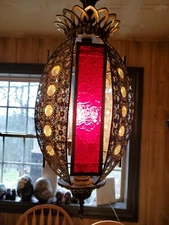Vintage Bohemian Stained Glass Hanging Swag Lamp  Metal/glass ornate Jeweled 30"