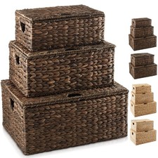 Water Hyacinth Storage Baskets with Lids, Rectangular Woven Wicker Tote Bins
