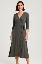 Eileen Fisher Gray Wrap Dress XS Midi 3/4 Sleeve Tie Waist Minimalist Chic