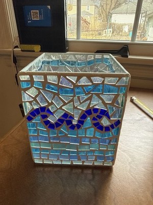 White Barn Bath & Body Works Mosaic Glass Candle Holder Blue Teal 3-Wick Square