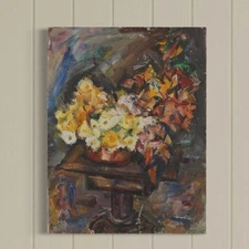 Large Vintage Modernist Expressionist Painting Still Life Flowers