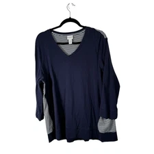 Weekends by Chicos Navy Blue Striped Shirt Nautical Cotton Modal Womens 4 US XXL