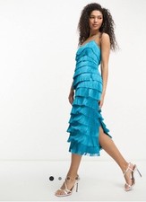 ASOS DESIGN tiered fringed midi dress with cross back detail in teal NWT