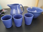 Vintage Bauer Pottery Blue Mixing Bowl, Large Pitcher, & 3 6oz Tumbler Set - Lot