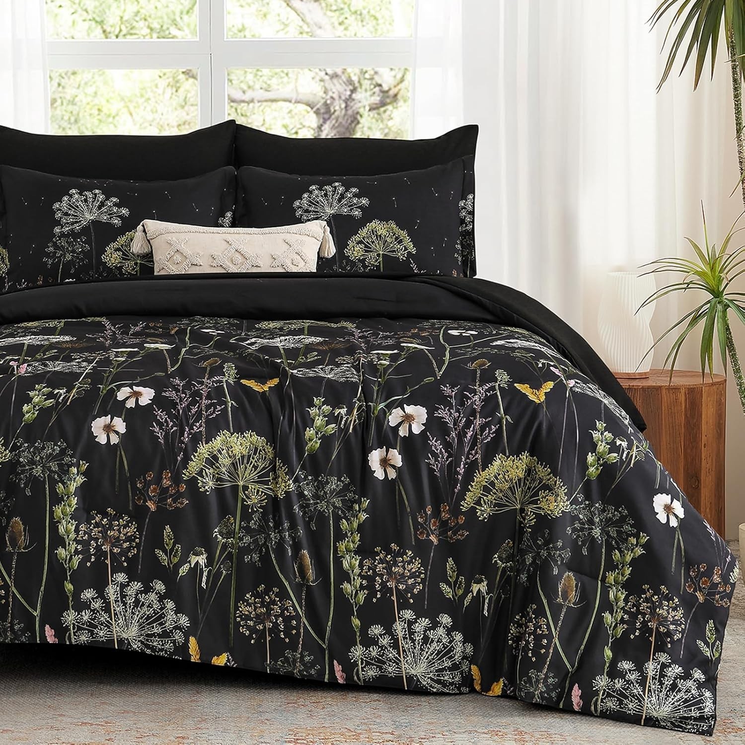 Yiran Queen Comforter Set, 7 Piece Black Dandelion Floral Comforter Bedding Set,