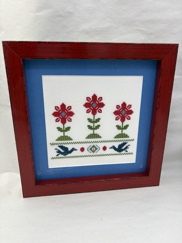 Red Flowers Blue Birds Folk Country Handmade Framed Cross-Stitch Wall Art 8x8