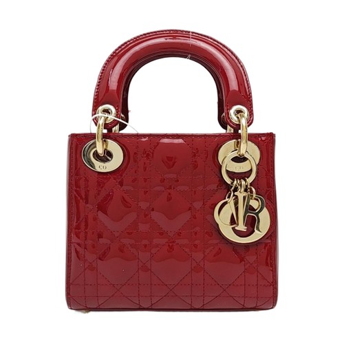 DIOR Lady Dior Mini Red Patent Cannage Quilted Top Handle Bag