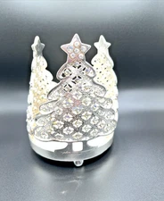 Holiday Heavy Metal Silver Tone CHRISTMAS TREE With Jewels CANDLE HOLDER 5"