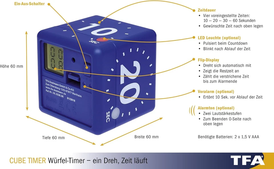 Dostmann - Timer Digitale a Cubo, 38.2036, Ideale per Giochi O Allenamenti, 4 Ti - Immagine 2 di 4